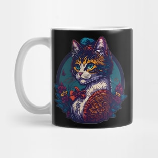 Blooming Elegance: Cartoon Lady Cat in Dress and Hat Amidst Flowers Mug